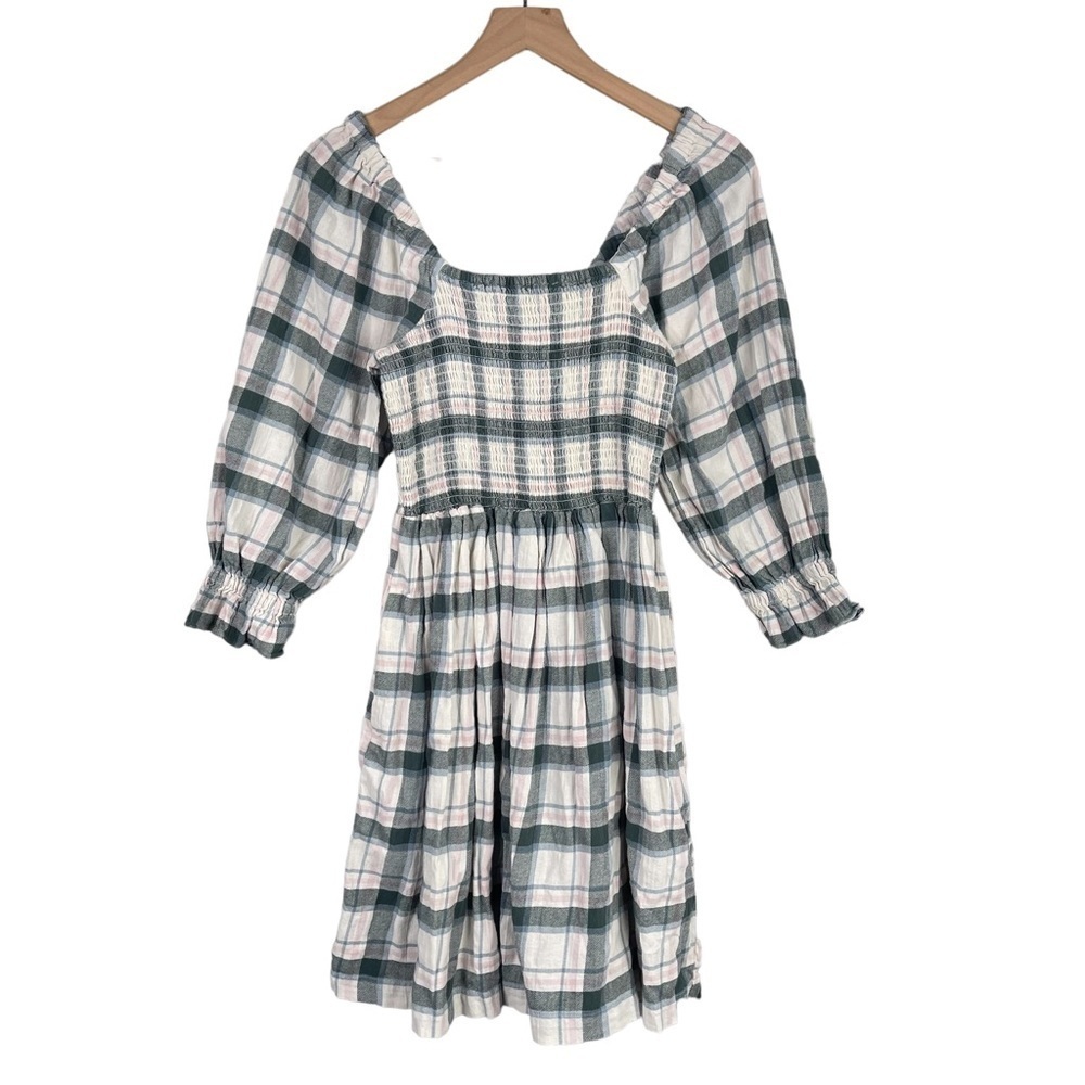 Madewell Dress Small Lucie Smocked Mini Soft Plaid Flannel Puff Sleeve Pockets